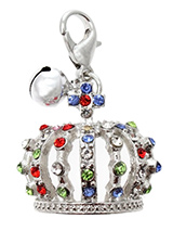 Crown Jewels Dog Collar Charm in Silver - Designed in the style of the crowns of the Imperial Russian Court this beautiful charm features green, blue, red and pink  diamant crystals set in silver alloy. This is an accessory fit for royalty. It also has a little silver bell that lets you know when you dog is the move. You can't much more bl...